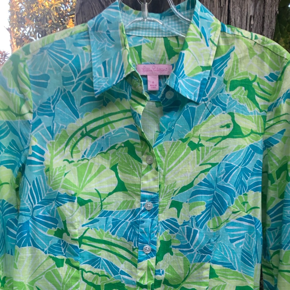 Lilly Pulitzer Size 0 Blue Green Long Sleeve Button Down Top EUC Gator Alley - Picture 6 of 6